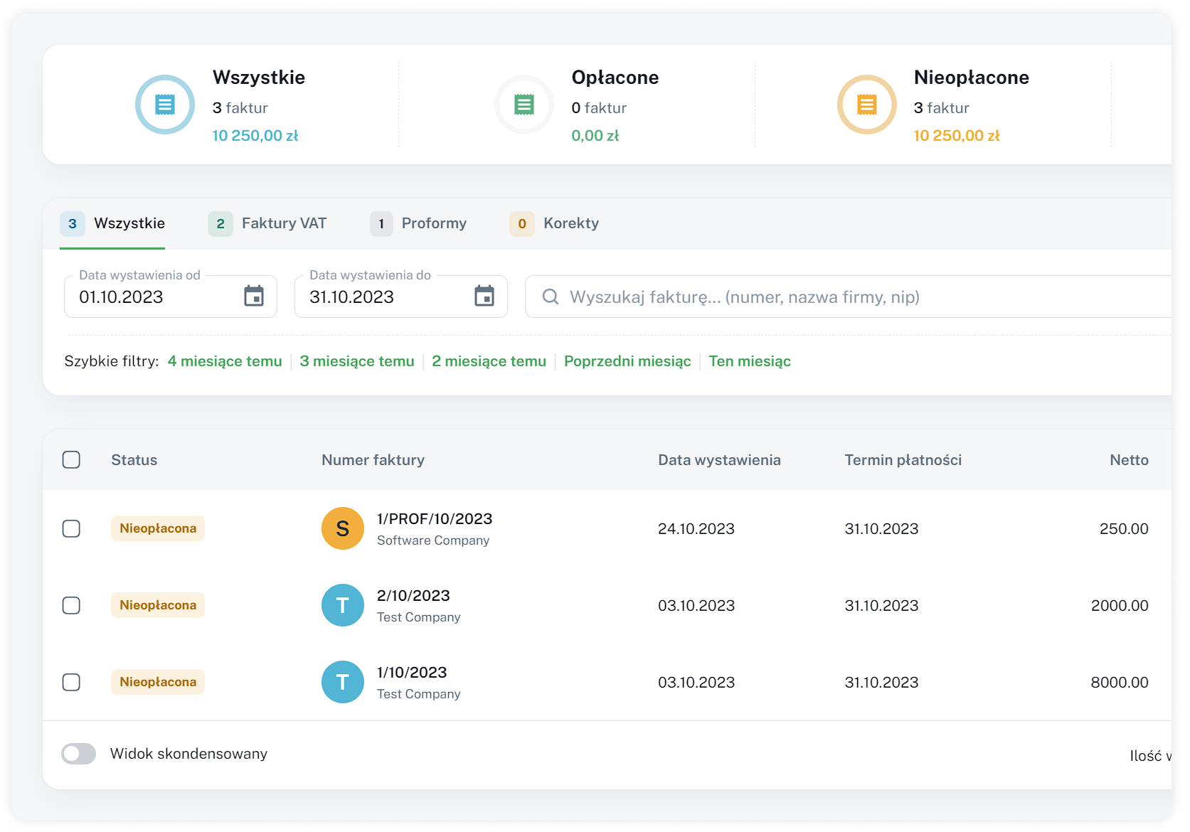 Przejrzyste zestawienie wystawionych faktur w WorkClocker