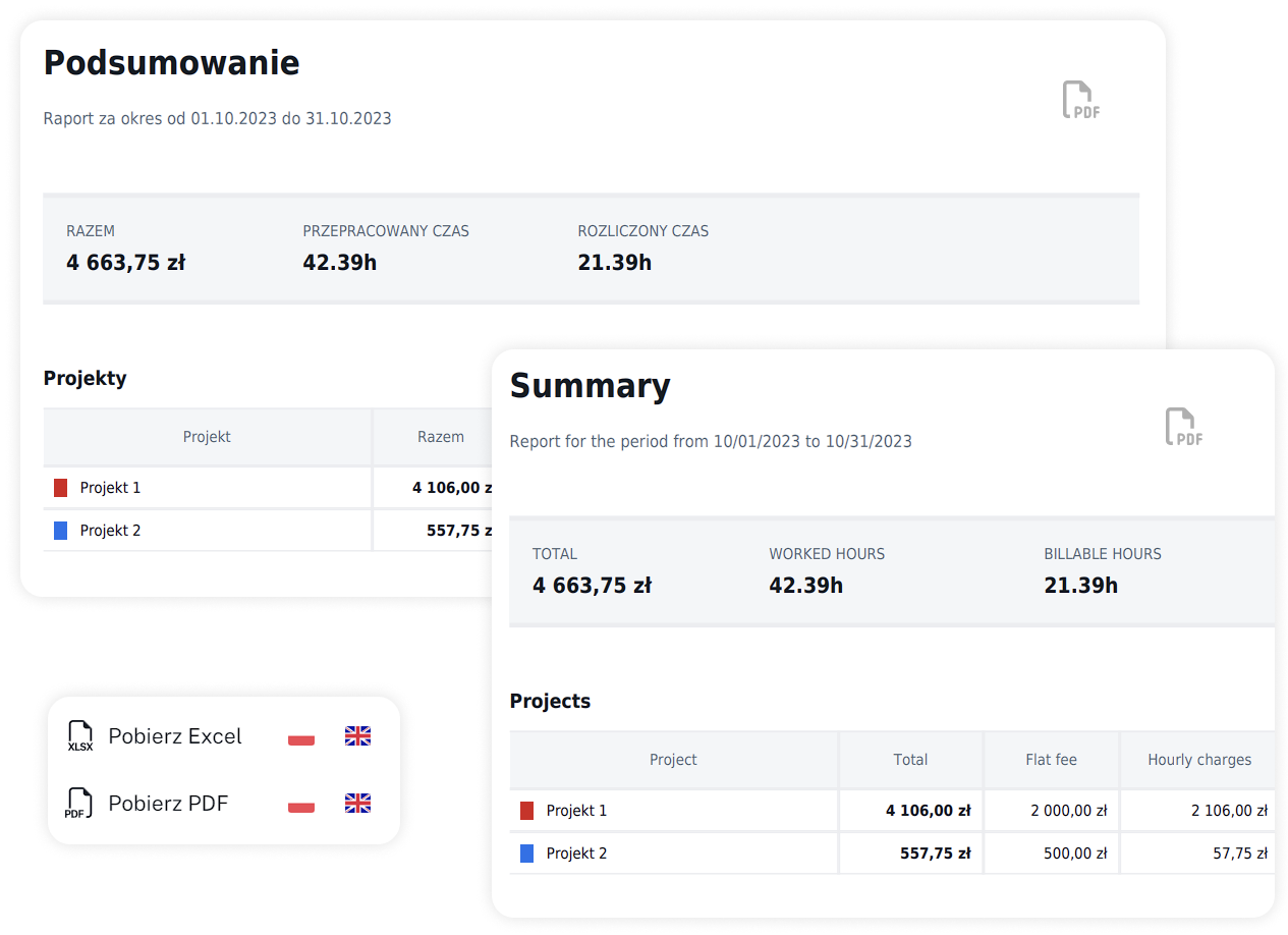 Raporty czasu pracy w języku polskim i angielskim w WorkClocker