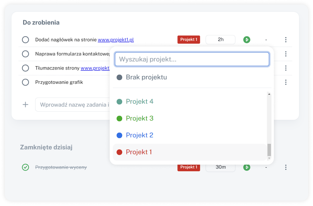 Przypisywanie projektu do zadania w WorkClocker